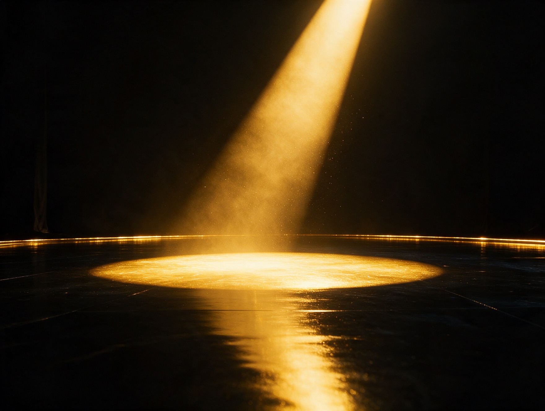 Escenario oscuro iluminado por un haz de luz dorada